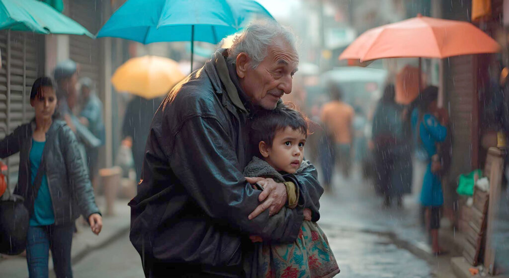 Un-Viejo-y-un-niño-bajo-la-lluvia-en-medio-de-la-calle-que-hace-preguntarse-Donde-quedo-proteger-a-niños-y-viejos