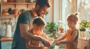 Un-padre-cocinando-junto-a-sus-hijas-en-una-clara-señal-de-que-Los-hombres-están-cambiando